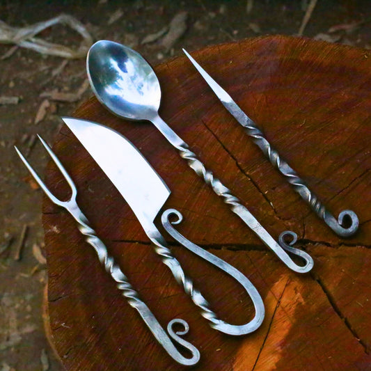 Hand-Forged High Carbon Steel 4-Piece Viking Cutlery Set | Scroll Handle